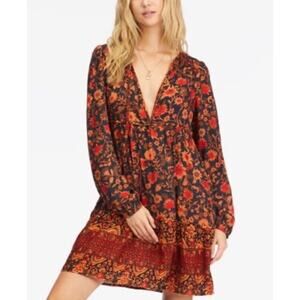 Billabong Dress Long Sleeve Mini‎ Dress Dark Floral V Neck Red Black Medium